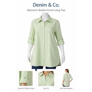 Denim & Co Womens 2X Green White Stripe Button Front Roll Tab Sleeve Tunic A2222